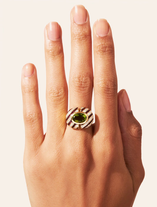 Bague Zèbre Quartz Vert Email Bordeaux