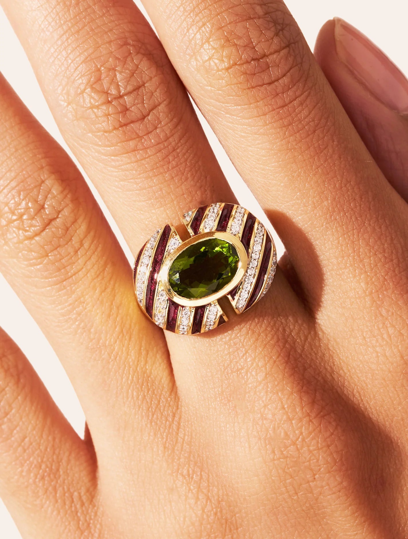 Bague Zèbre Quartz Vert Email Bordeaux