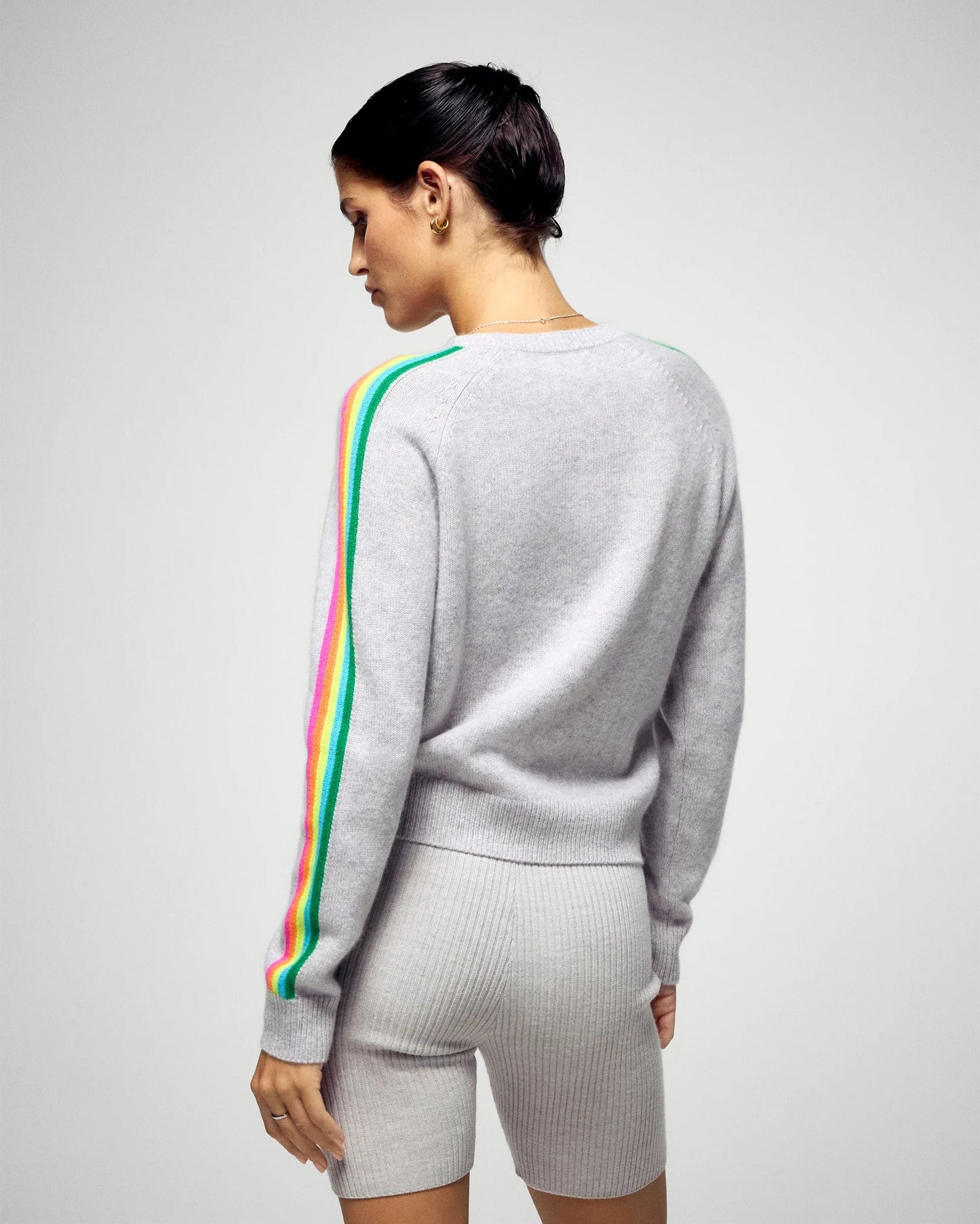 Pull Col Rond Bande Manche Multico Gris Chine Clair