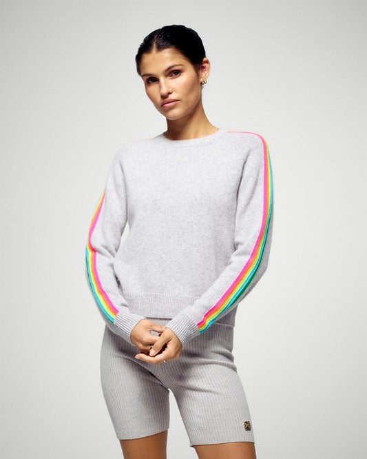 Pull Col Rond Bande Manche Multico Gris Chine Clair