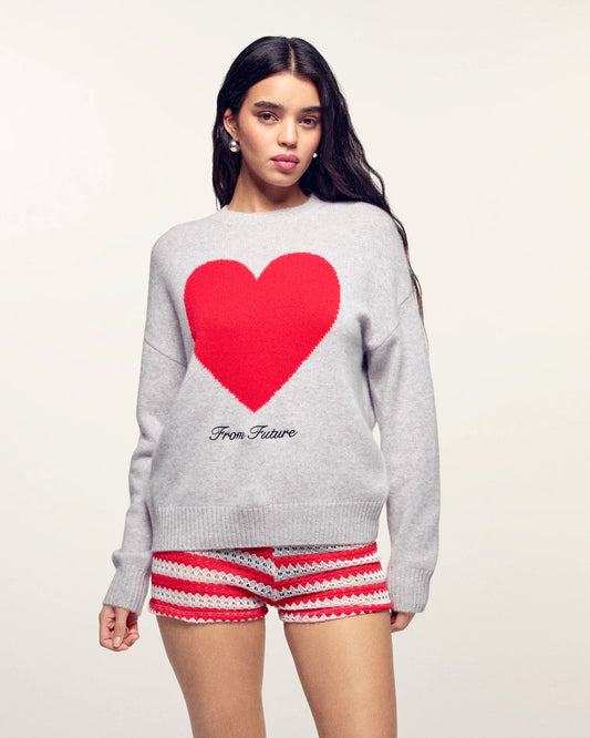 Pull Grand Coeur Gris Chiné Clair