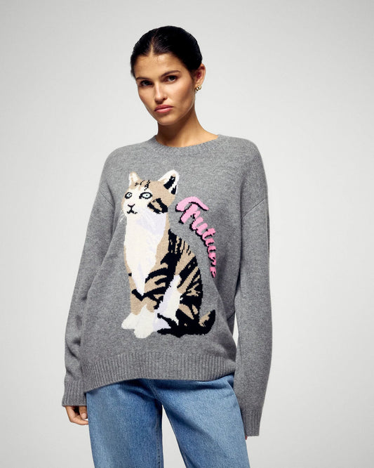 Pull Col Rond Chat Gris Chine Fonce