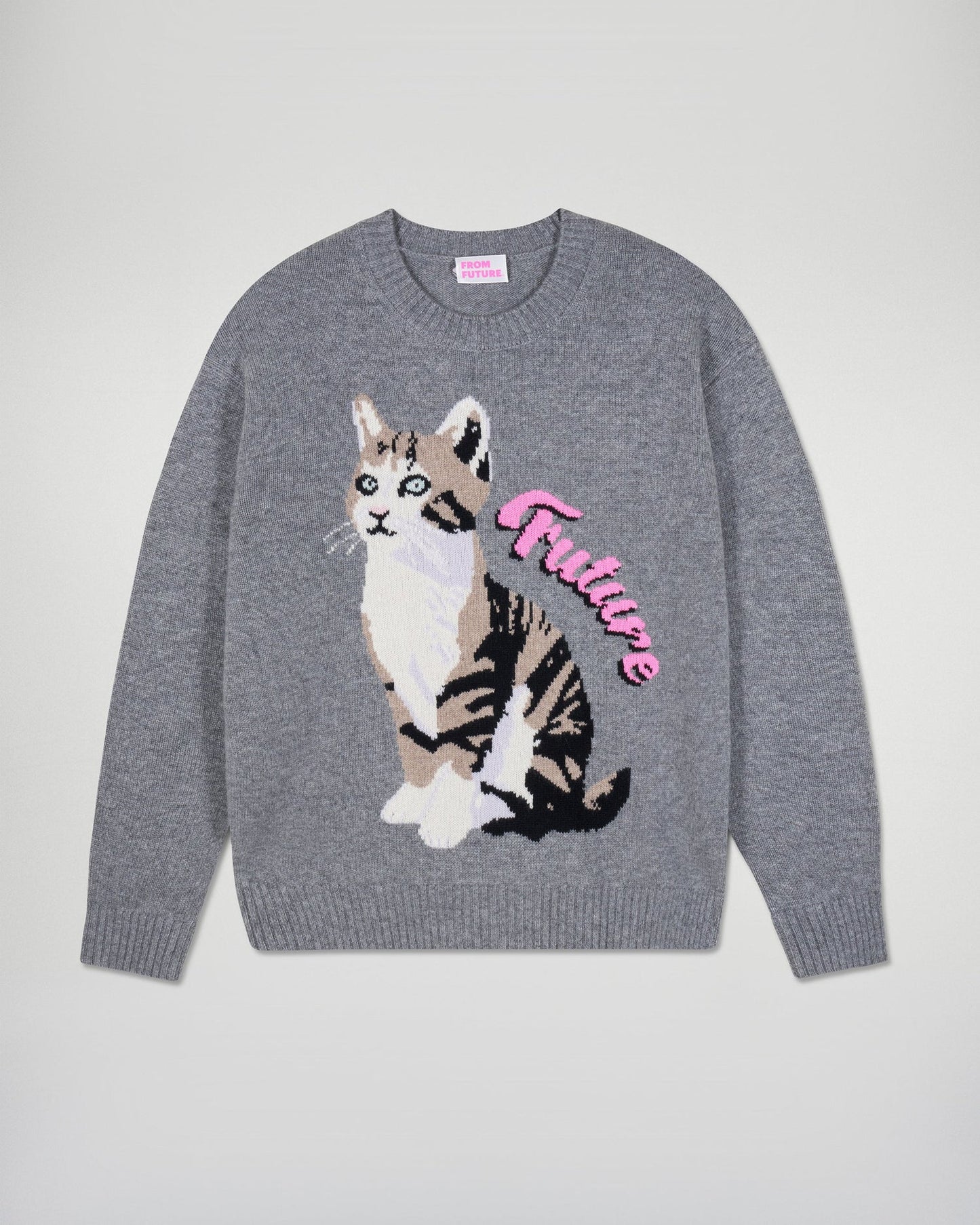 Pull Col Rond Chat Gris Chine Fonce