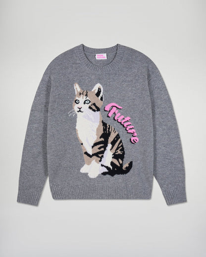 Pull Col Rond Chat Gris Chine Fonce