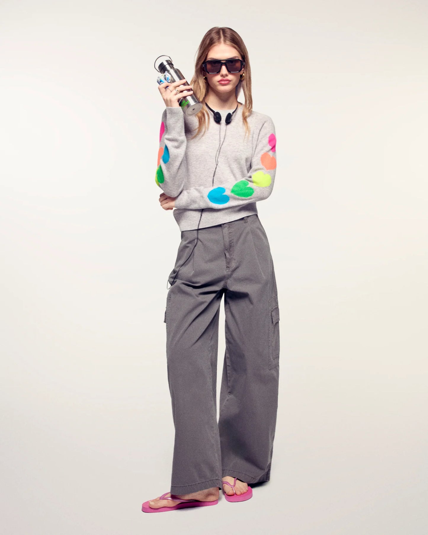 Pull Coeurs Multi Gris Chiné Clair