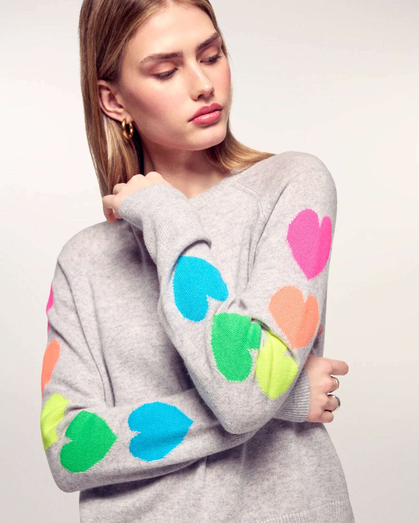 Pull Coeurs Multi Gris Chiné Clair