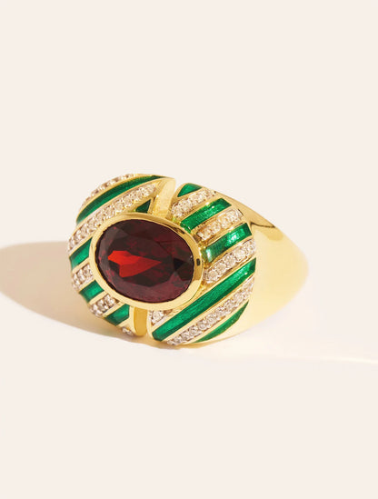 Bague Zèbre Quartz Grenat Email Vert