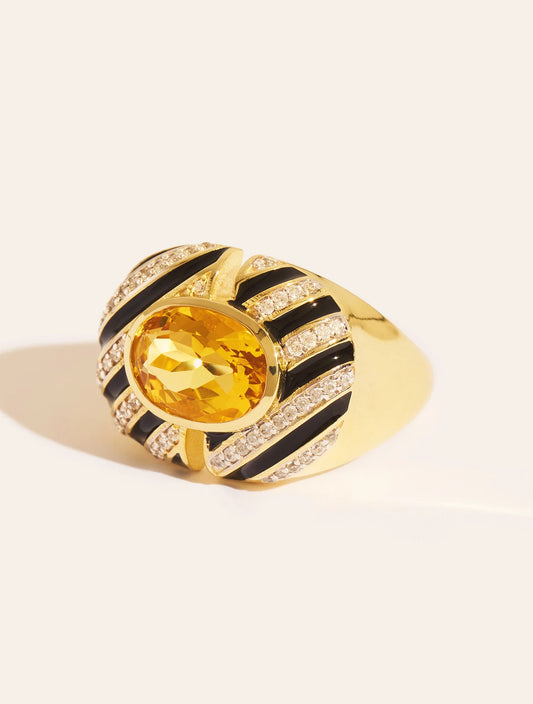 Bague Zèbre Quartz Jaune Email Noir