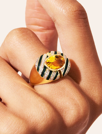 Bague Zèbre Quartz Jaune Email Noir