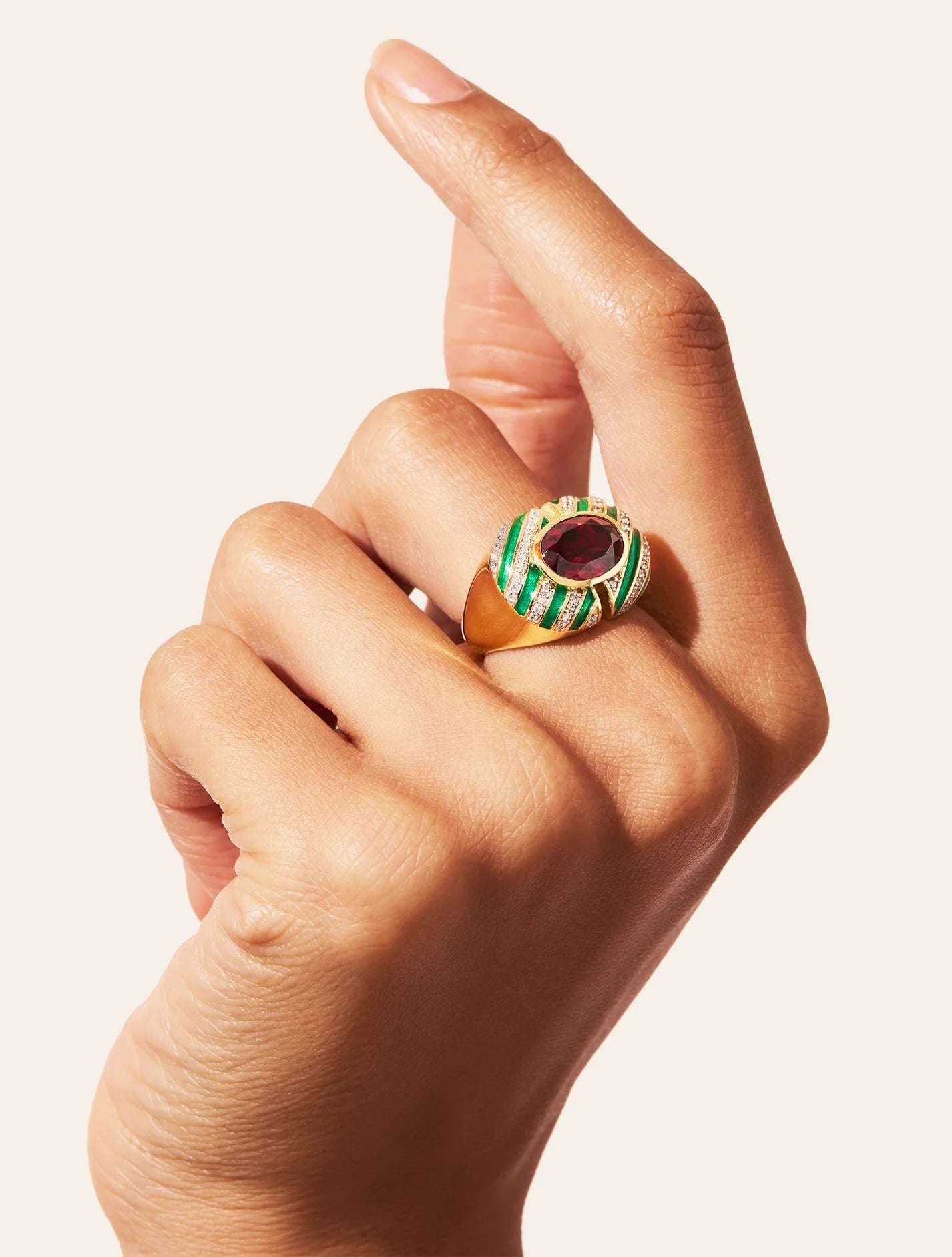Bague Zèbre Quartz Grenat Email Vert