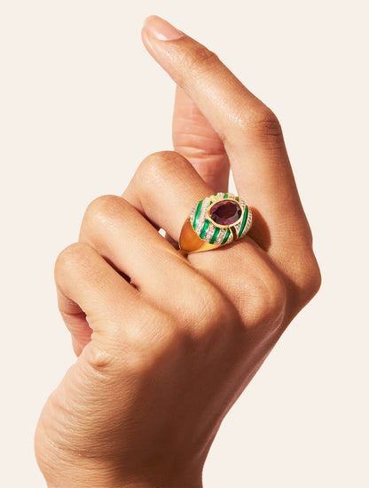 Bague Zèbre Quartz Grenat Email Vert