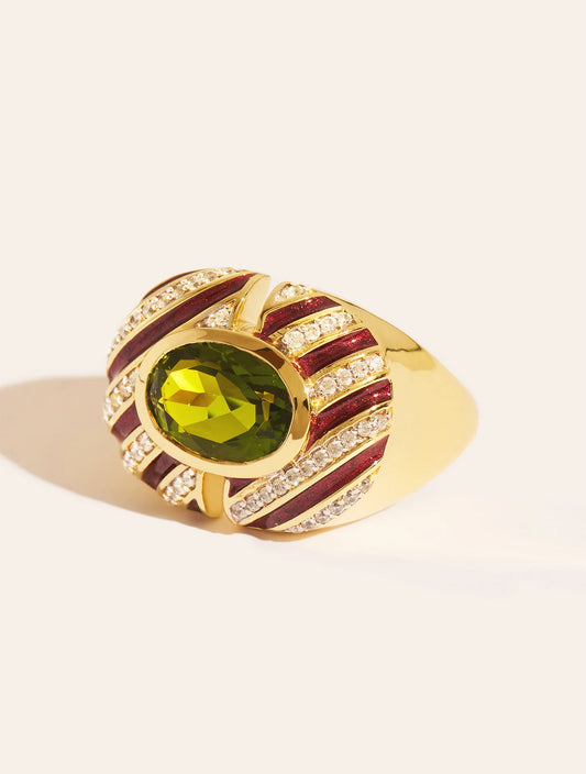 Bague Zèbre Quartz Vert Email Bordeaux