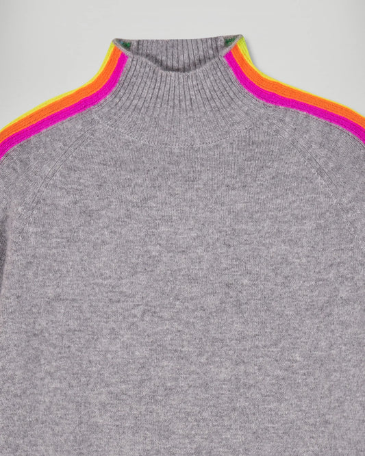 Pull Col Montant Bandes Manches Multico Gris Chine