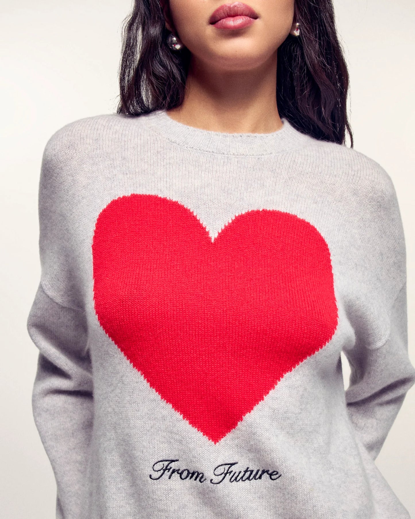 Pull Grand Coeur Gris Chiné Clair