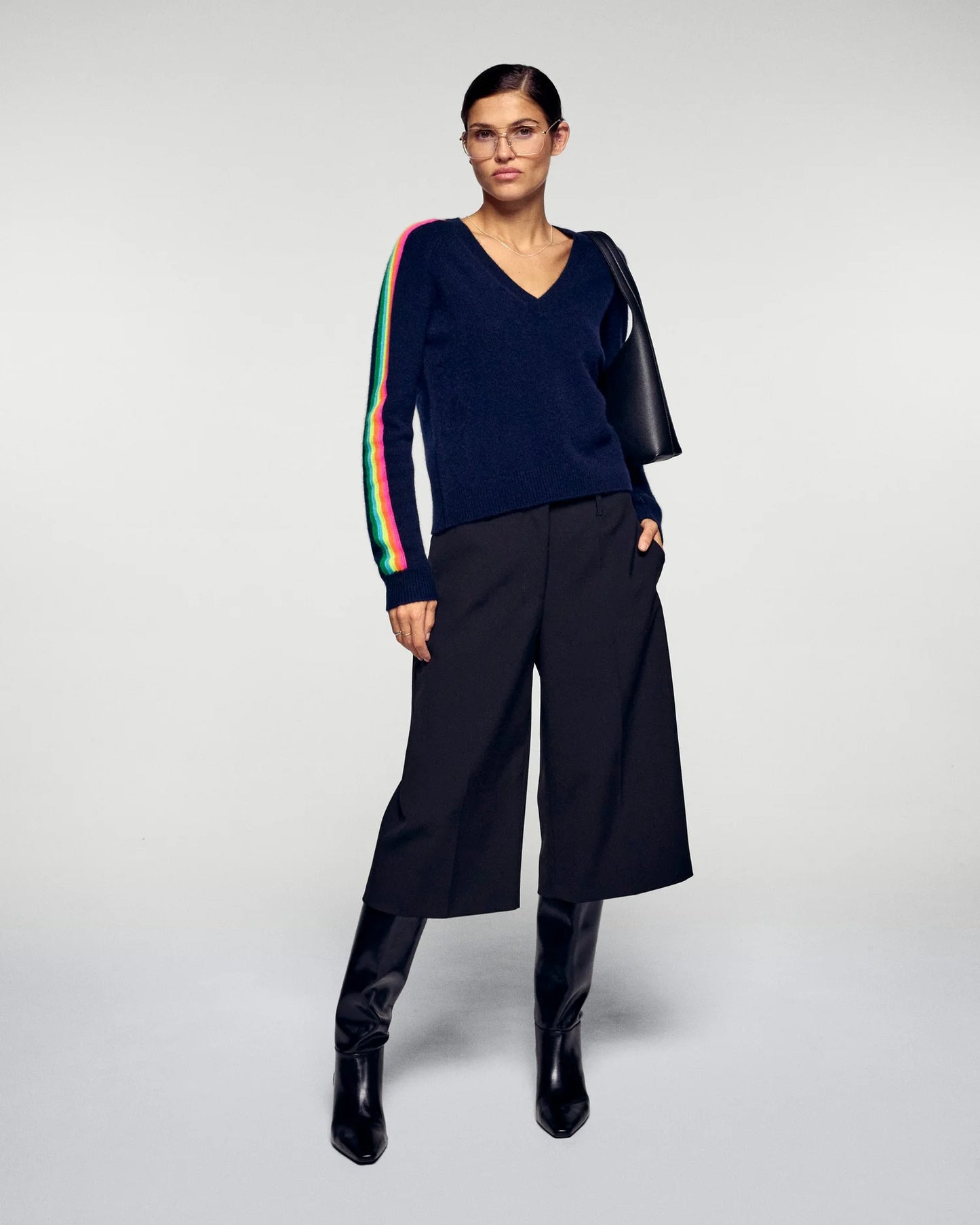 Pull Col V Bandes Manches Multico Navy