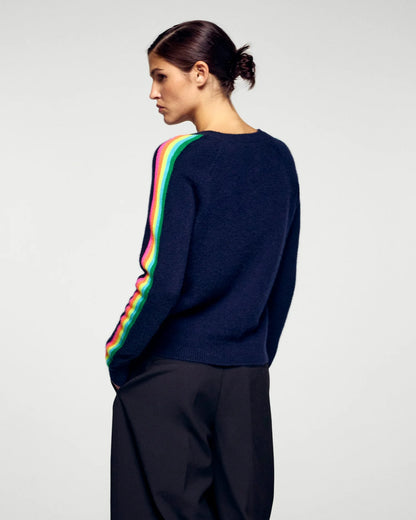 Pull Col V Bandes Manches Multico Navy