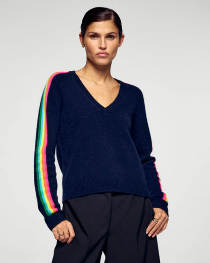 Pull Col V Bandes Manches Multico Navy