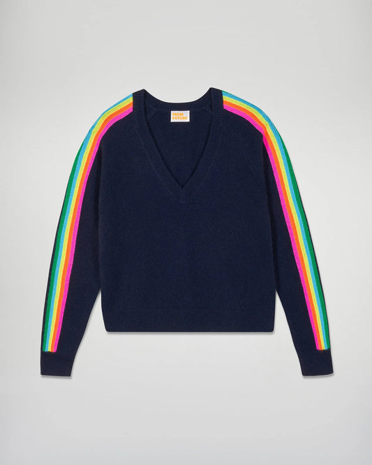 Pull Col V Bandes Manches Multico Navy