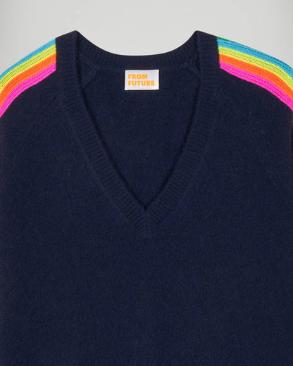 Pull Col V Bandes Manches Multico Navy