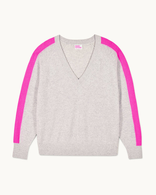 Pull Col V Bande Manche Gris Chine Clair