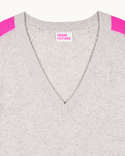 Pull Col V Bande Manche Gris Chine Clair