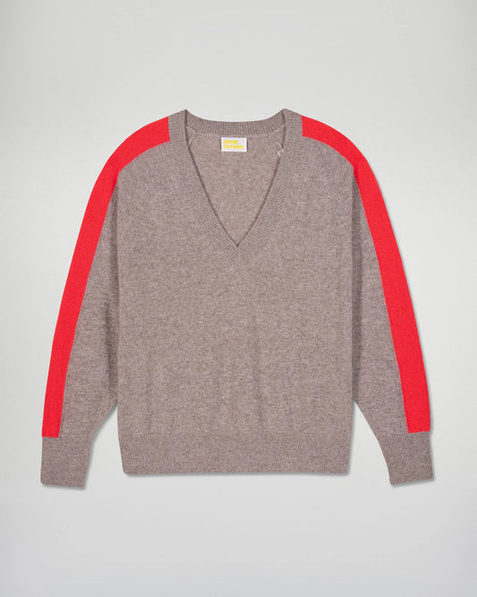 Pull Col V Bande Manche Taupe Chine