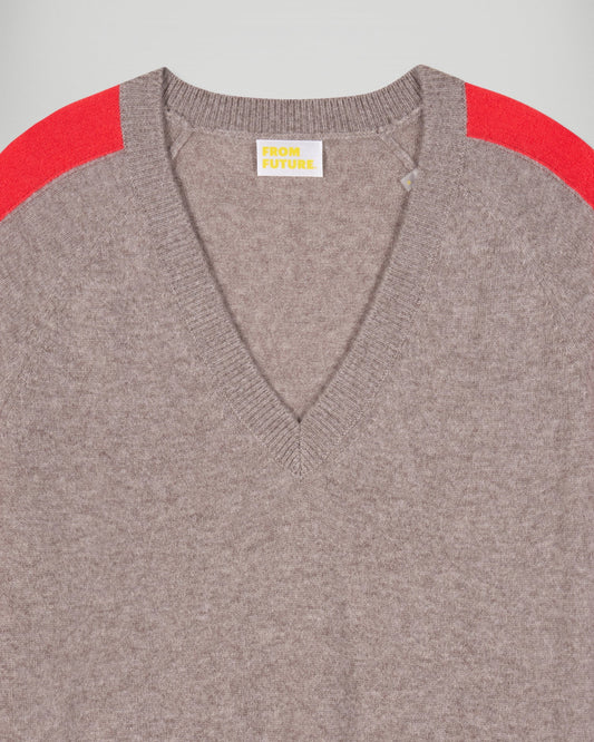 Pull Col V Bande Manche Taupe Chine