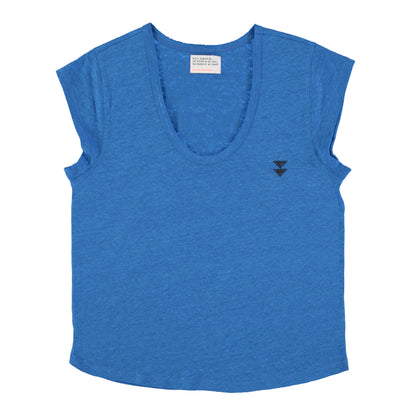 T-shirt Col Profond Lin Bleu