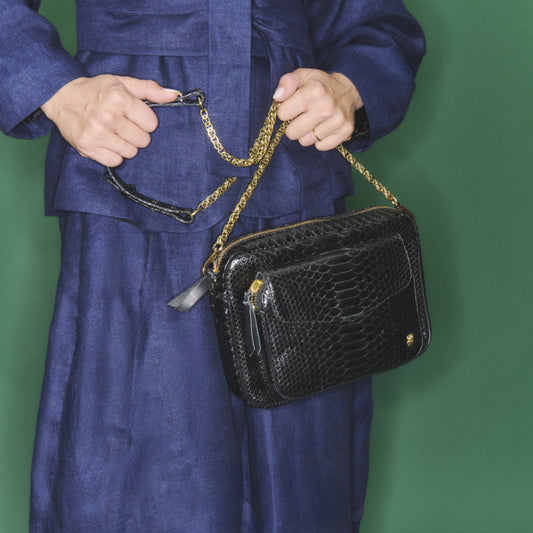 Sac Big Charly Python Noir Chaine Or